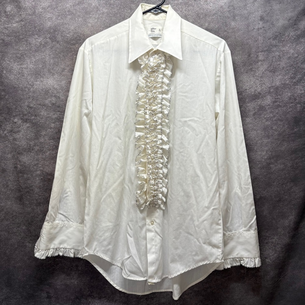 Vintage After Six Ruffle Front Tuxedo Shirt Size 16 33 White 80s Disco Pirate